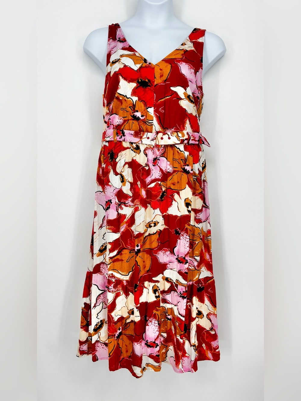 Nine West Floral Rayon Linen Belted Smocked Midi Maxi Dress Red Orange Size L